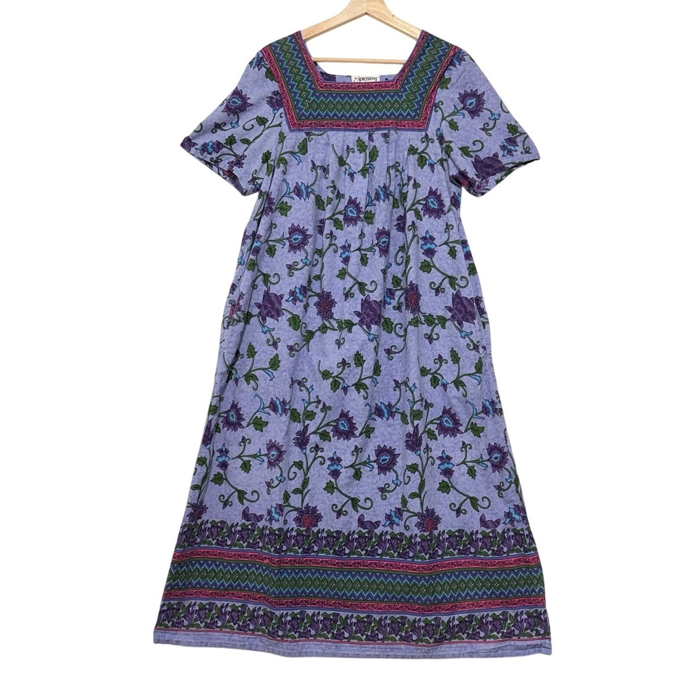 Expressions Cotton Purple Floral Mumu Lounge House Dress Pockets Sz M Prairie